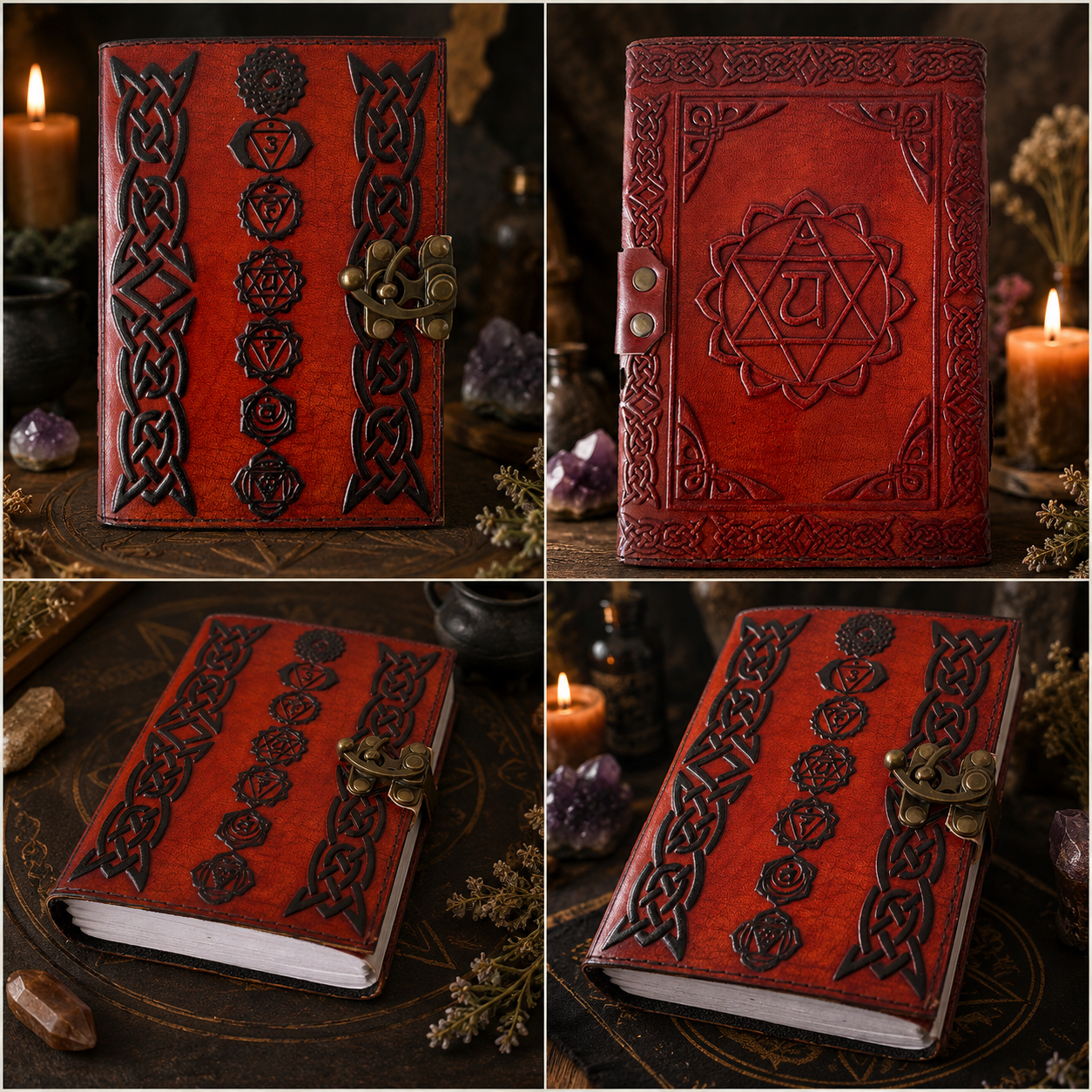 Seven chakra embossed leather journal – handmade book of shadows spell notebook, Wiccan Pagan writing, view 3