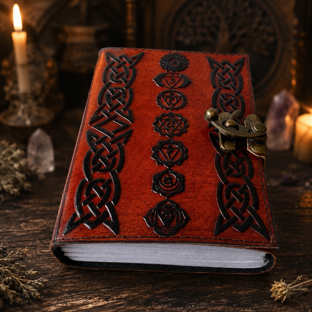 Seven chakra embossed leather journal – handmade book of shadows spell notebook, Wiccan Pagan writing, view 4