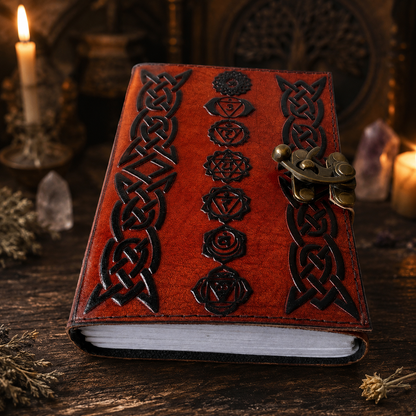 Seven chakra embossed leather journal – handmade book of shadows spell notebook, Wiccan Pagan writing, view 4