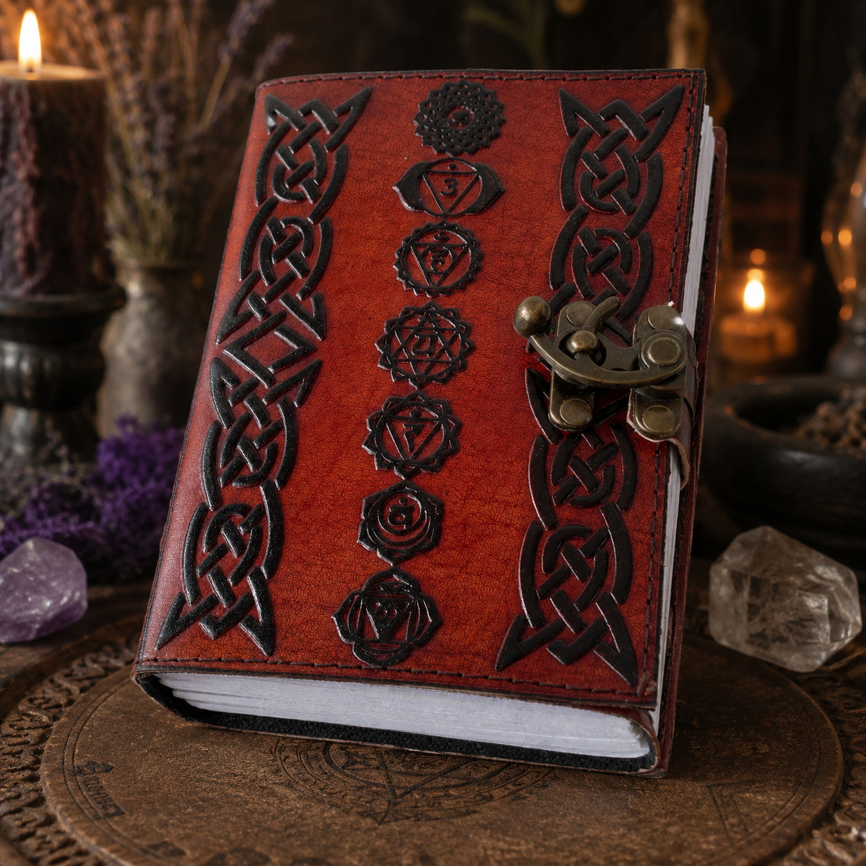 Seven chakra embossed leather journal – handmade book of shadows spell notebook, Wiccan Pagan writing, view 1