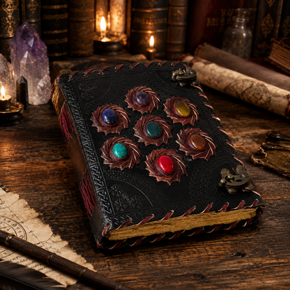 Seven chakra stone embossed leather journal – handmade book of shadows grimoire, Pagan writing gift, view 3