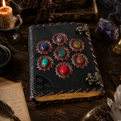 Seven chakra stone embossed leather journal – handmade book of shadows grimoire, Pagan writing gift, view 4