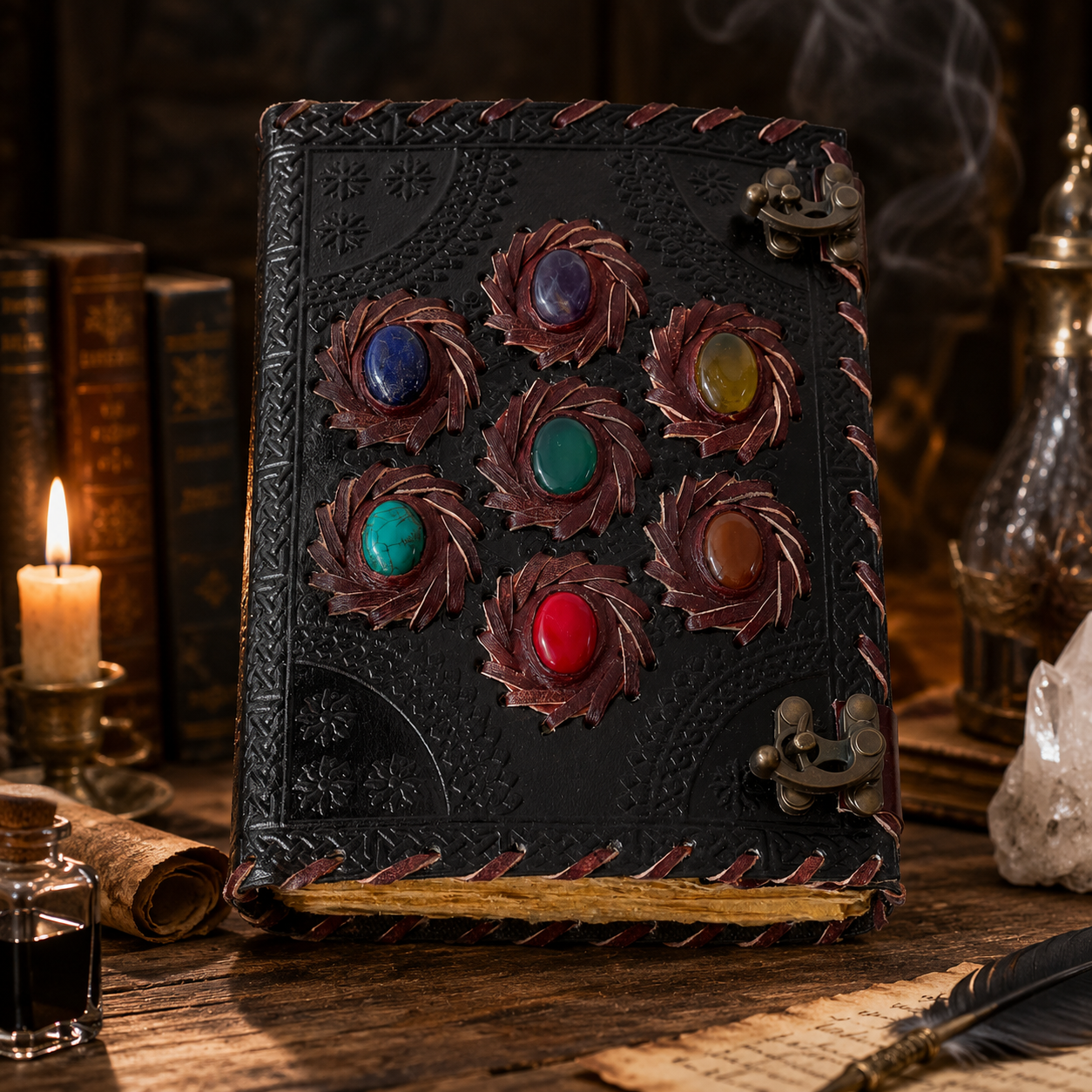 Seven chakra stone embossed leather journal – handmade book of shadows grimoire, Pagan writing gift, view 1