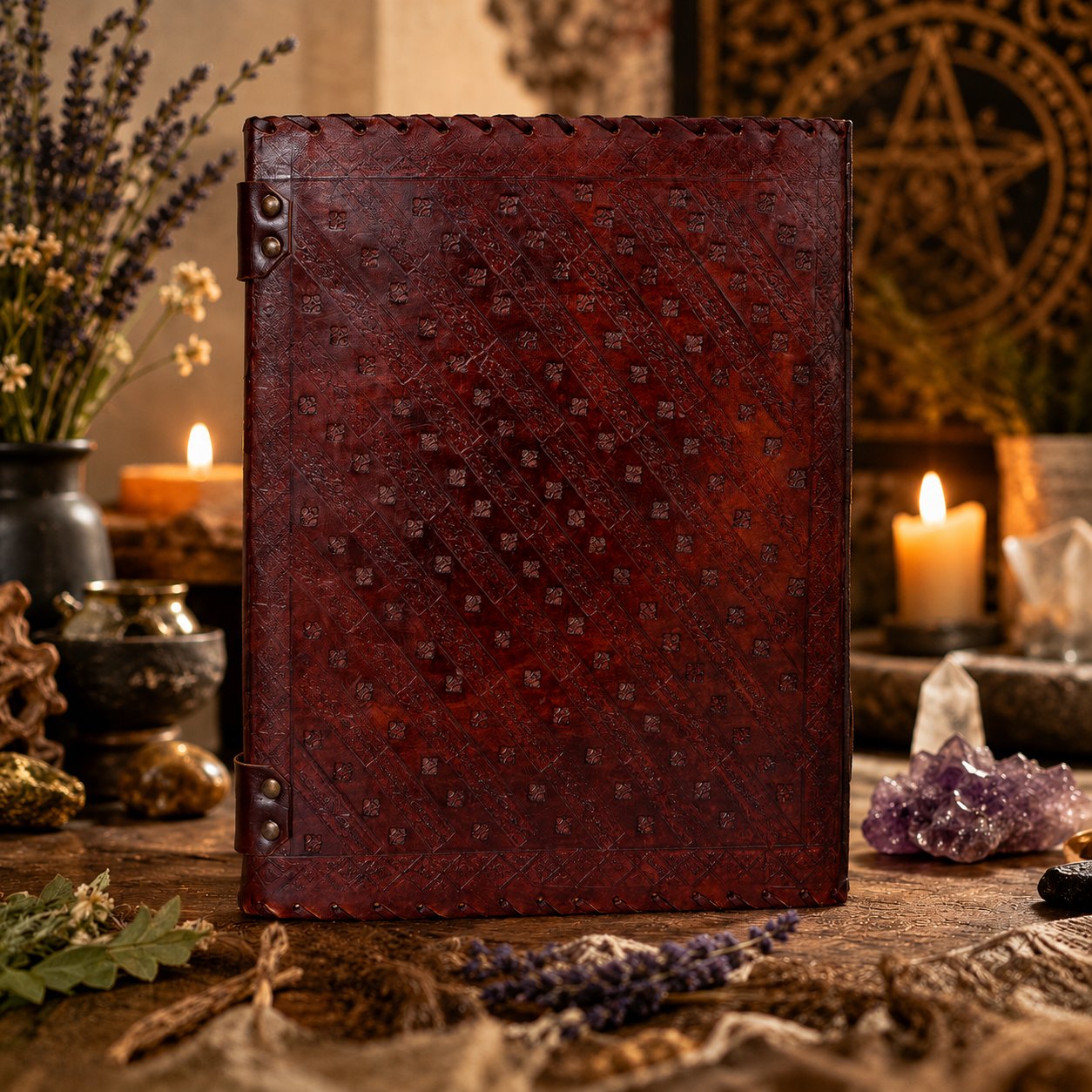 Seven Stone Chakra Leather Journal – Extra Large Handmade Book of Shadows – leather journal, open blank pages view