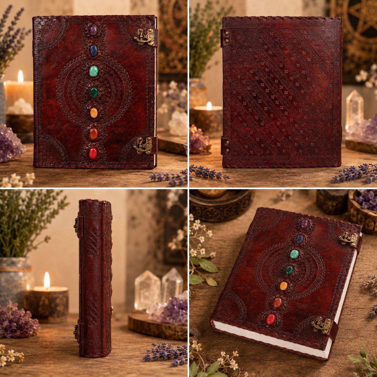 Seven Stone Chakra Leather Journal – Extra Large Handmade Book of Shadows – leather journal, close-up cover detail