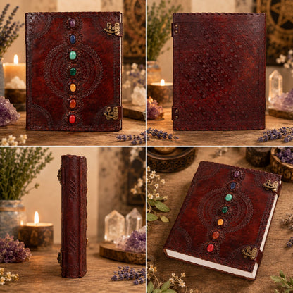 Seven Stone Chakra Leather Journal – Extra Large Handmade Book of Shadows – leather journal, close-up cover detail