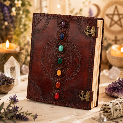 Seven Stone Chakra Leather Journal – Extra Large Handmade Book of Shadows – leather journal, front cover view