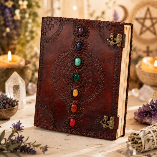 Seven Stone Chakra Leather Journal – Extra Large Handmade Book of Shadows – leather journal, front cover view