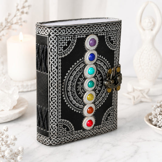 Seven Stone Leather Journal – Handmade Wiccan Grimoire Book of Shadows – leather journal, back cover view