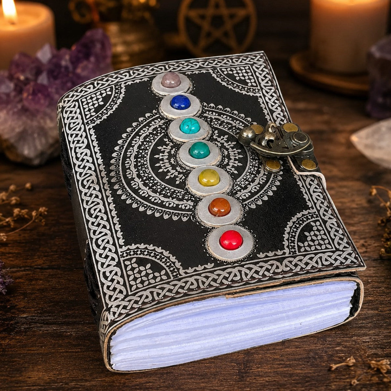 Seven Stone Leather Journal – Handmade Wiccan Grimoire Book of Shadows – leather journal, open blank pages view