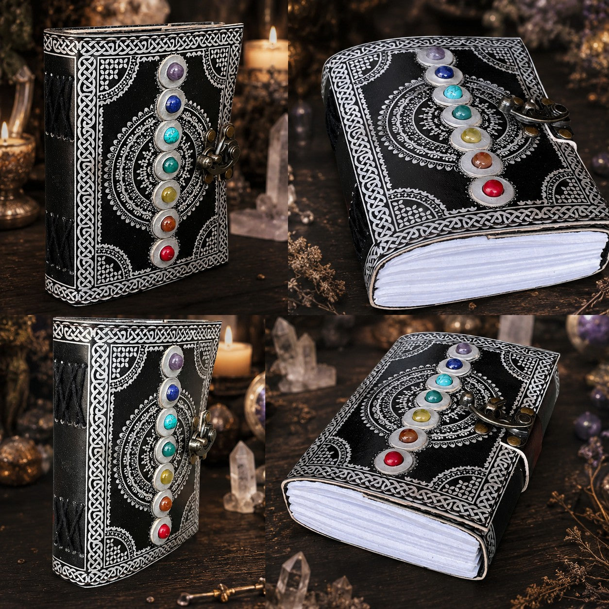 Seven Stone Leather Journal – Handmade Wiccan Grimoire Book of Shadows – leather journal, size and scale view