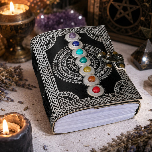 Seven Stone Leather Journal – Handmade Wiccan Grimoire Book of Shadows – leather journal, front cover view