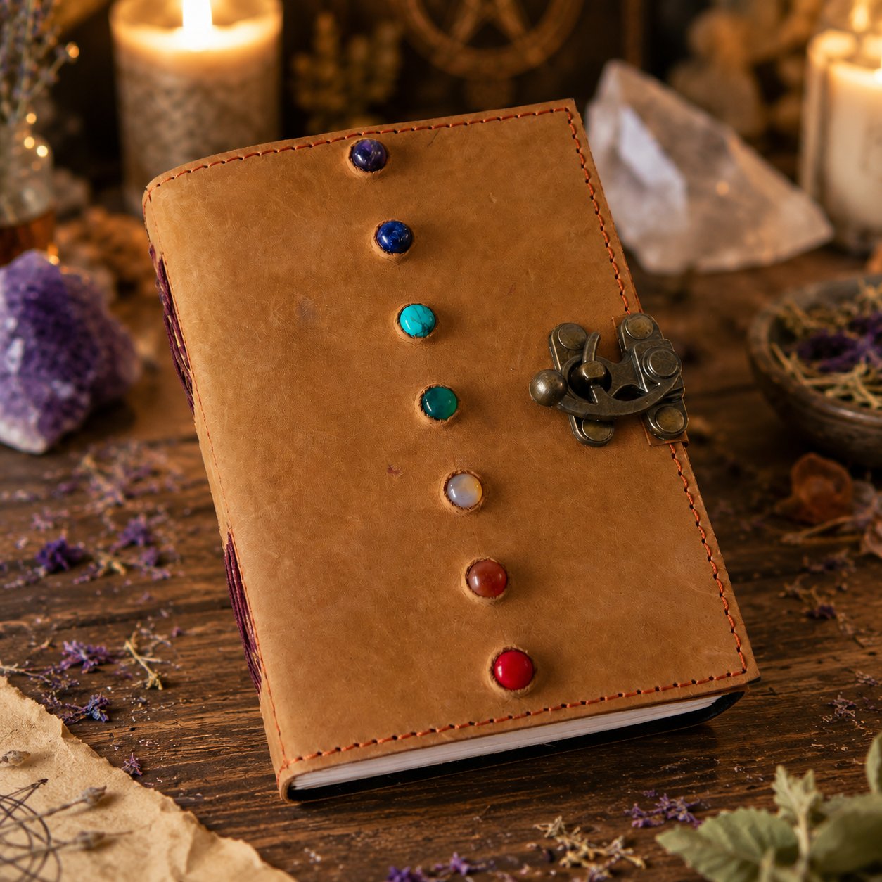 Seven Stone Soft Leather Journal – Handmade Pagan Grimoire Book of Shadows – leather journal, back cover view
