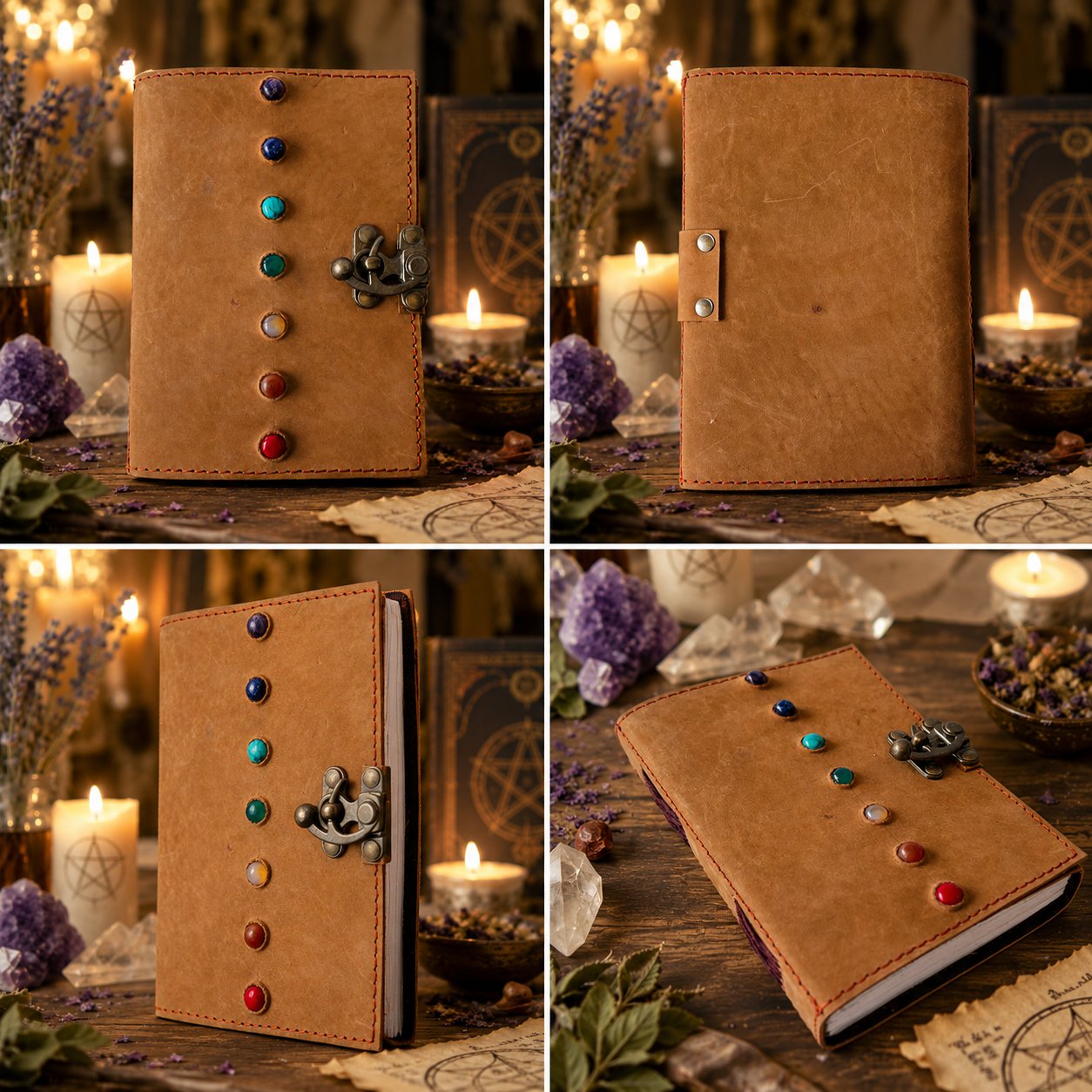 Seven Stone Soft Leather Journal – Handmade Pagan Grimoire Book of Shadows – leather journal, open blank pages view