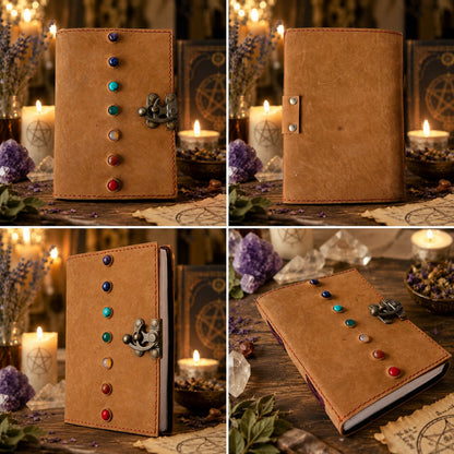 Seven Stone Soft Leather Journal – Handmade Pagan Grimoire Book of Shadows – leather journal, open blank pages view
