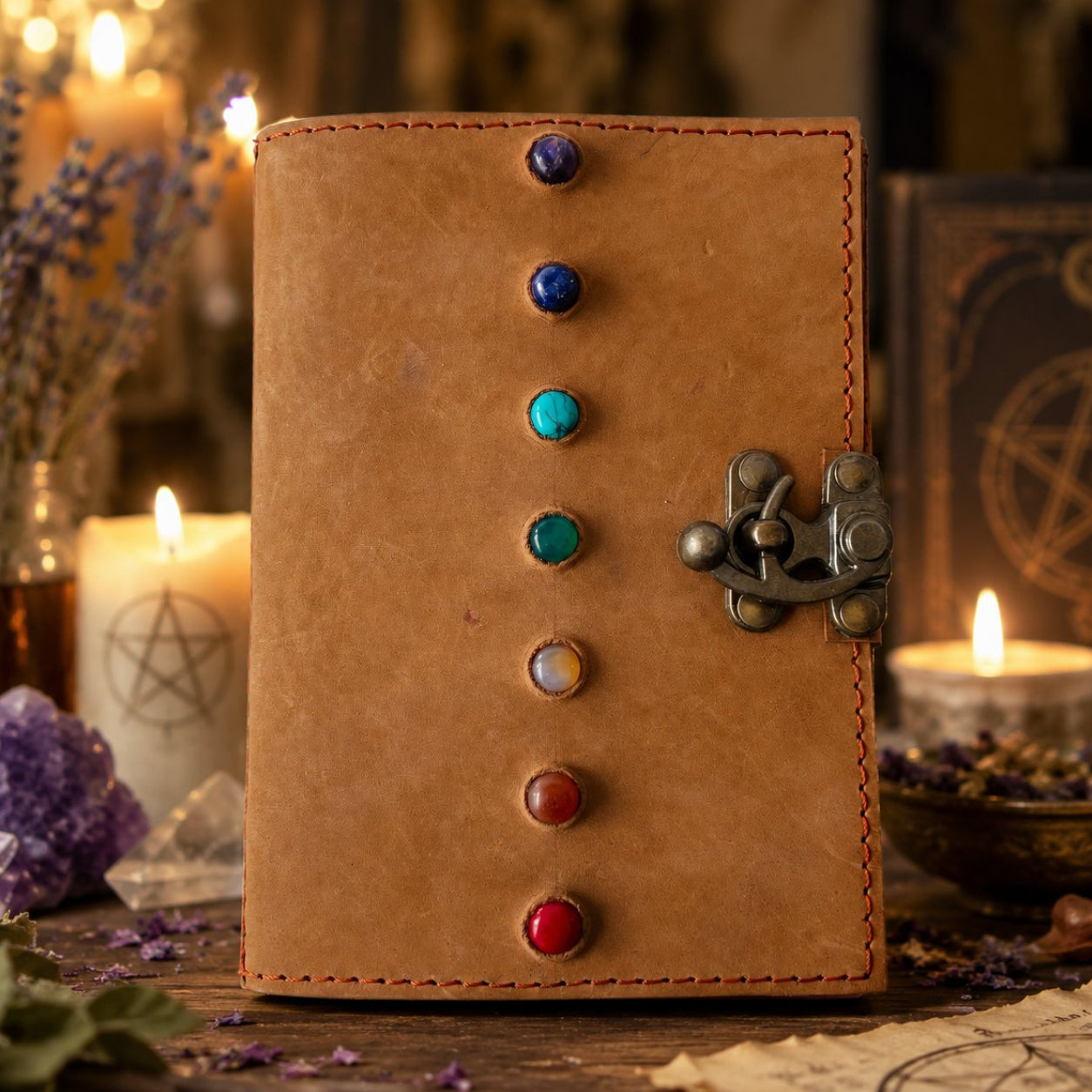 Seven Stone Soft Leather Journal – Handmade Pagan Grimoire Book of Shadows – leather journal, front cover view