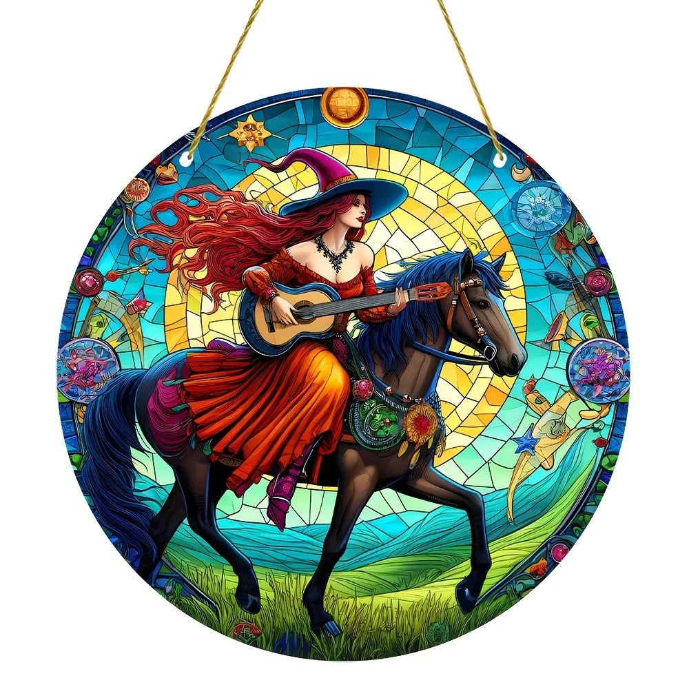 Guitar Witch Suncatcher Enchanting Acrylic Round Sign Witchy Home Decor-MoonChildWorld