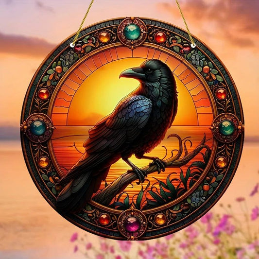 Black Raven Suncatcher Dark Crow Witchy Acrylic Round Sign Gothic Home Decor