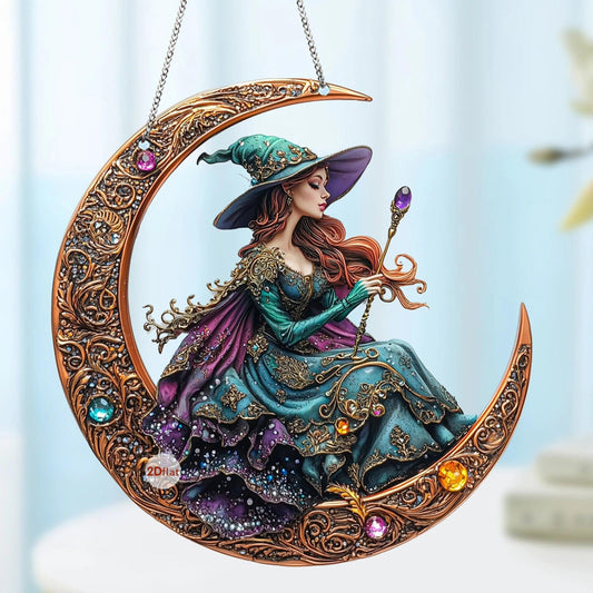 Gothic Witch on the Moon Acrylic Suncatcher Halloween Window Decoration Hanging Ornament