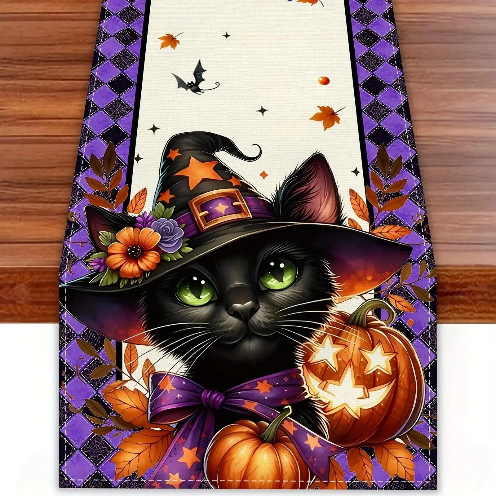 Gothic Black Cat Pumpkin Halloween Table Runners - Witchy Spooky Table Decor for Halloween-MoonChildWorld