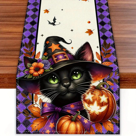 Gothic Black Cat Pumpkin Halloween Table Runners - Witchy Spooky Table Decor for Halloween
