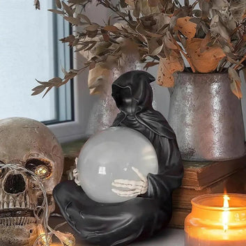 Gothic Grim Reaper Statue with Flying Bats Crystal Ball - LED Light Water Globe Halloween Decor