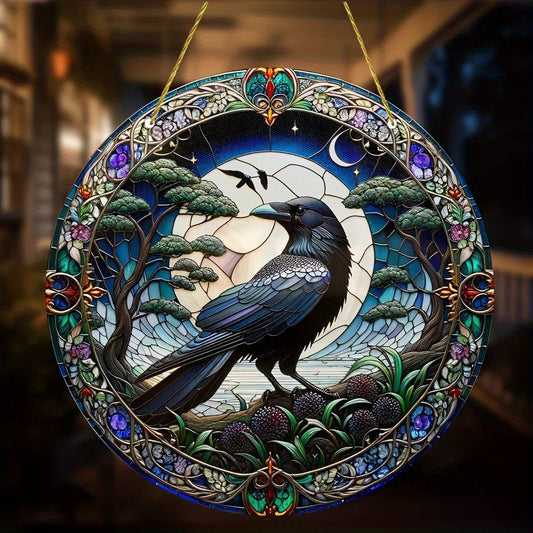 Moon Raven Suncatcher Witchy Crow Acrylic Round Sign Gothic Home Decor