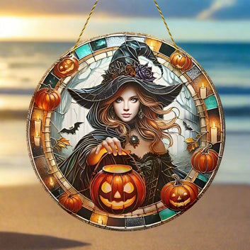 Jack O' Lantern Witch Suncatcher Halloween Window Hanging Decor