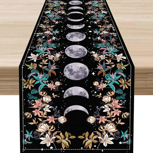 Vibrant Polyester Boho Floral Moon Phase Table Runner - Moon Astrology Home Decor