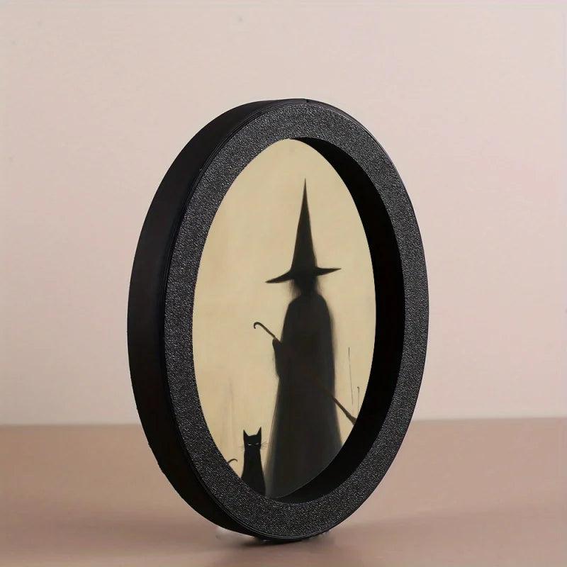 Creepy Witch Silhouette with Black Cat Spooky Wooden Oval Frame - Gothic Oval Wall Art - Halloween Wall Decoration-MoonChildWorld