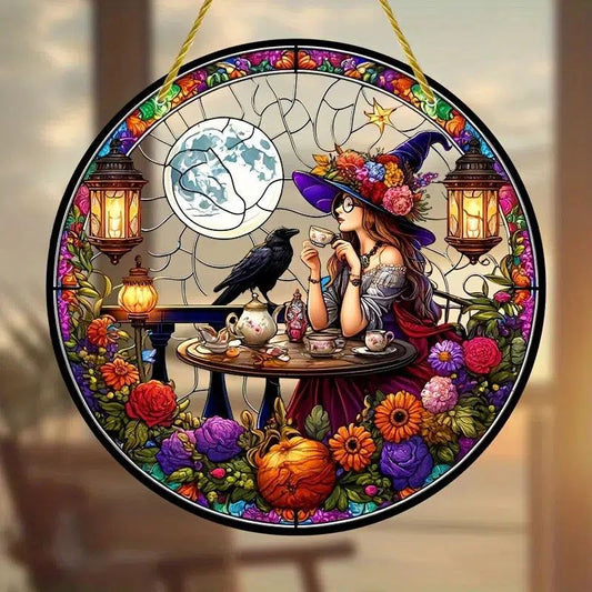 Crow and Witch Suncatcher Witchy Window Hanging For Halloween Decor