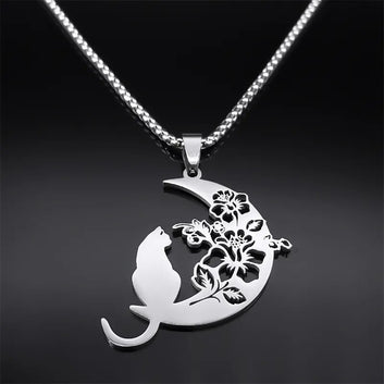 Aesthetic Flower Cat Moon Necklace