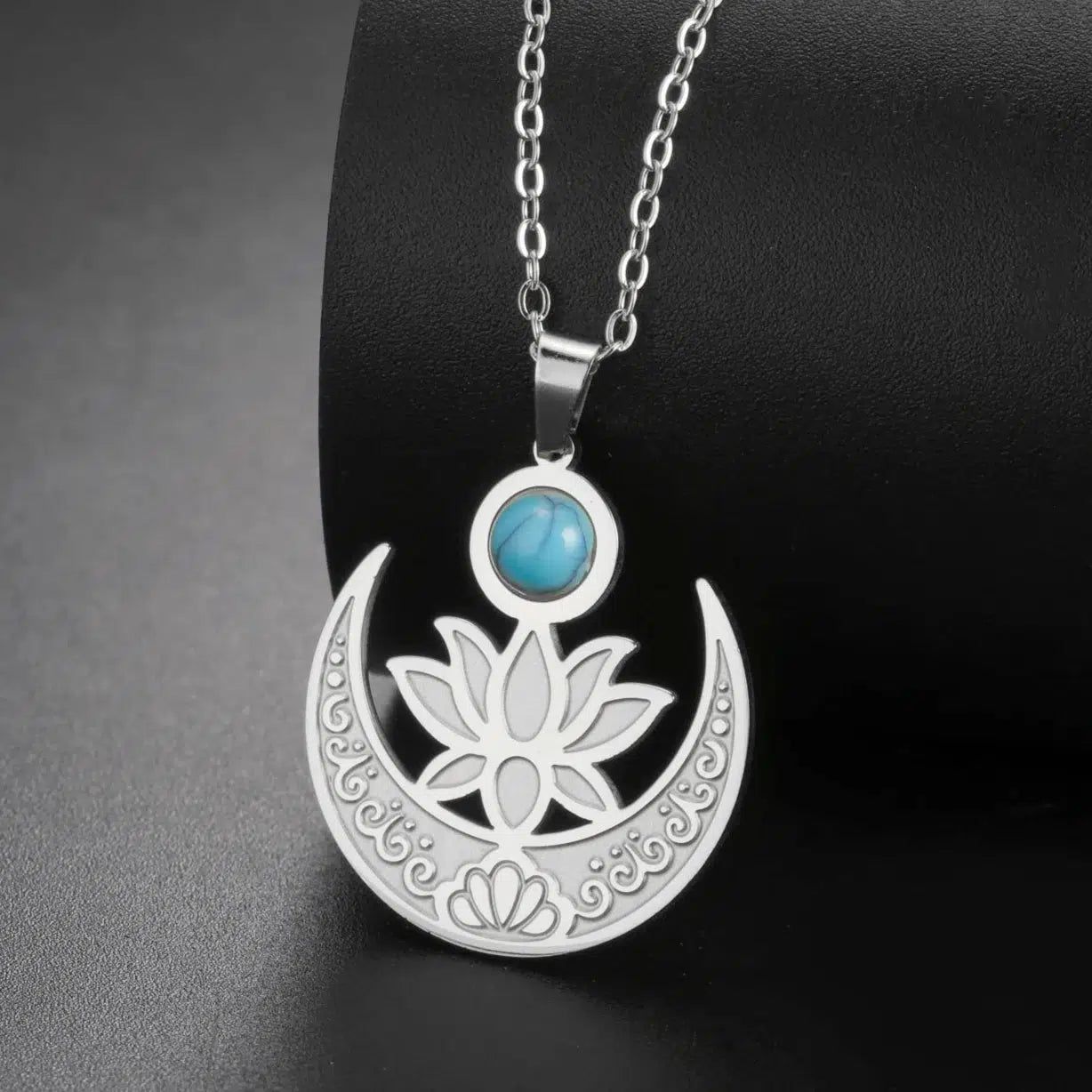 Blue Stone Lotus Moon Necklace Healing Yoga Jewelry-MoonChildWorld