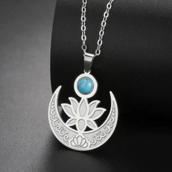 Blue Stone Lotus Moon Necklace Healing Yoga Jewelry