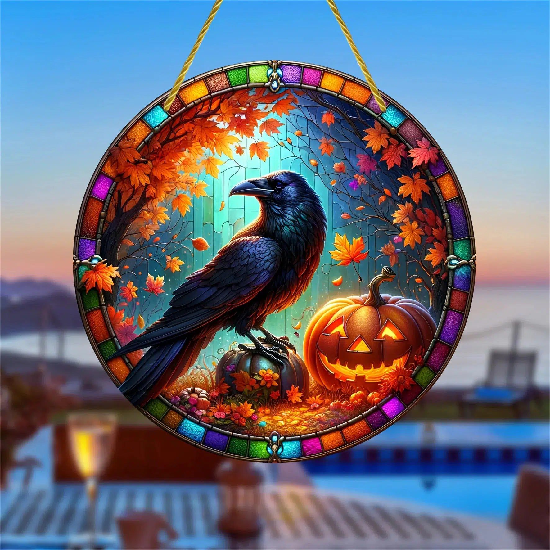 Pumpkin Black Crow Suncatcher Raven Halloween Acrylic Round Sign-MoonChildWorld