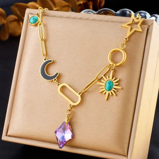 Amethyst Turquoise Celestial Sun Moon Stars Necklace Wiccan Jewelry