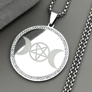 Rhinestone Triple Moon Goddess Pentagram Necklace Wicca Pagan Jewelry