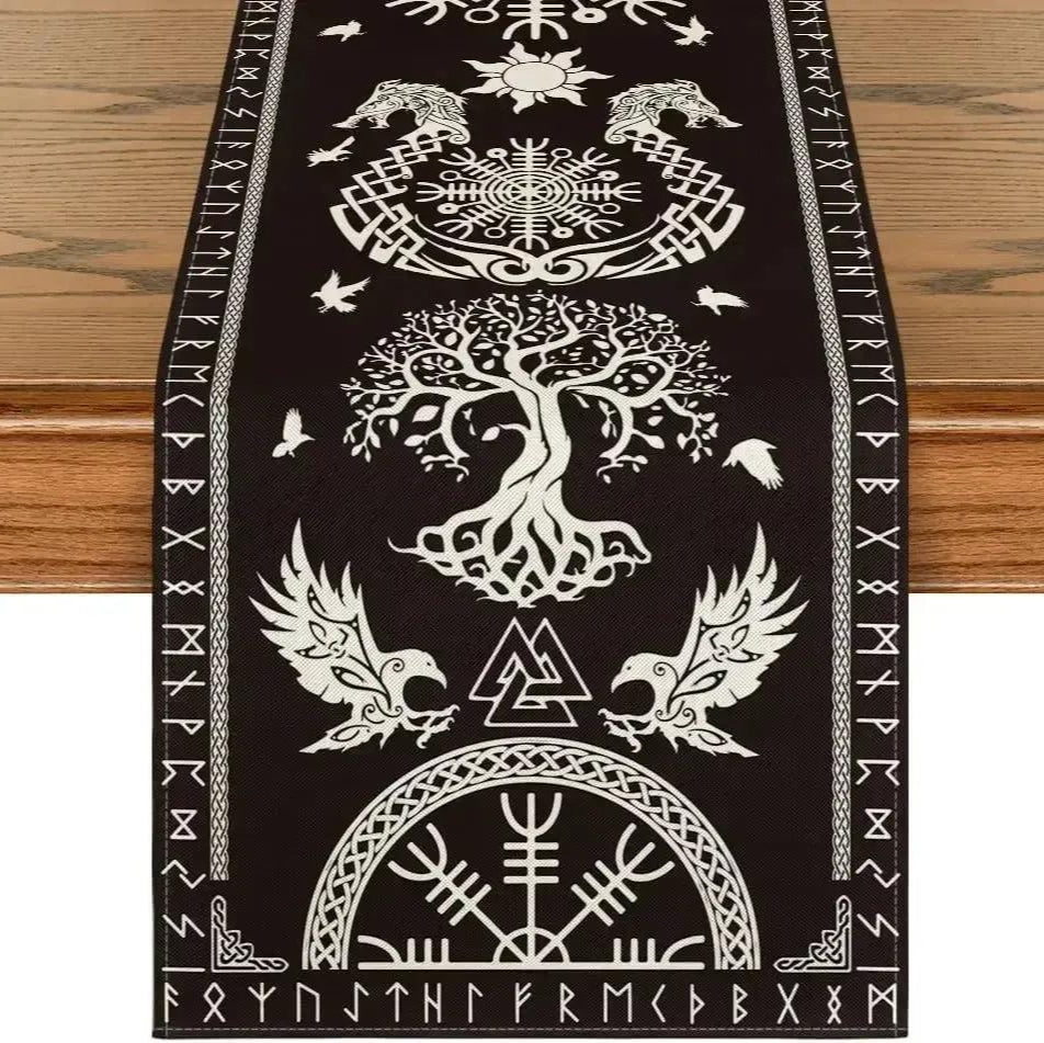 Viking Runes Tree of Life Linen Table Runners - Norse runes Pagan Table Runner Viking Home Decor-MoonChildWorld