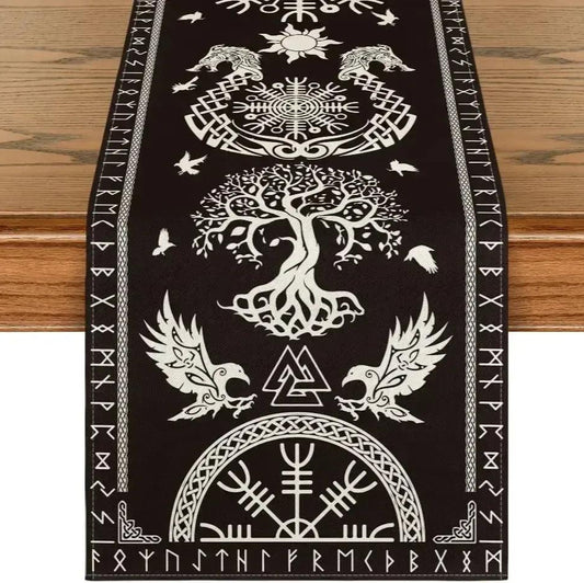 Viking Runes Tree of Life Linen Table Runners - Norse runes Pagan Table Runner Viking Home Decor