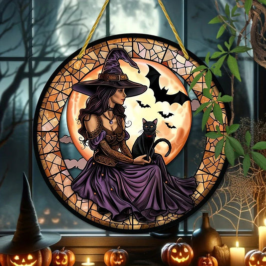 Moon Bat Cat Gothic Suncatcher Witch Acrylic Round Sign Halloween Decor