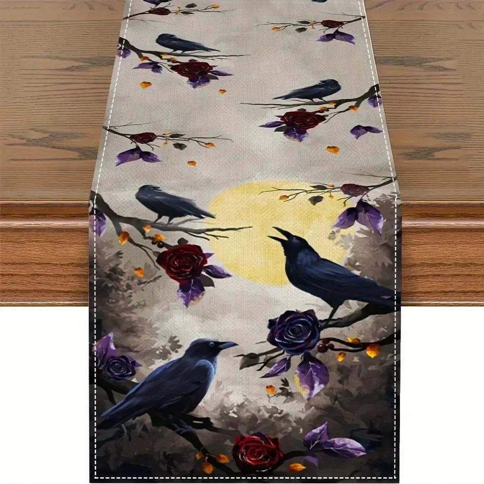 Dark Crow Gothic Table Runner for Halloween Table Decor - Witchy Raven Table Runner-MoonChildWorld