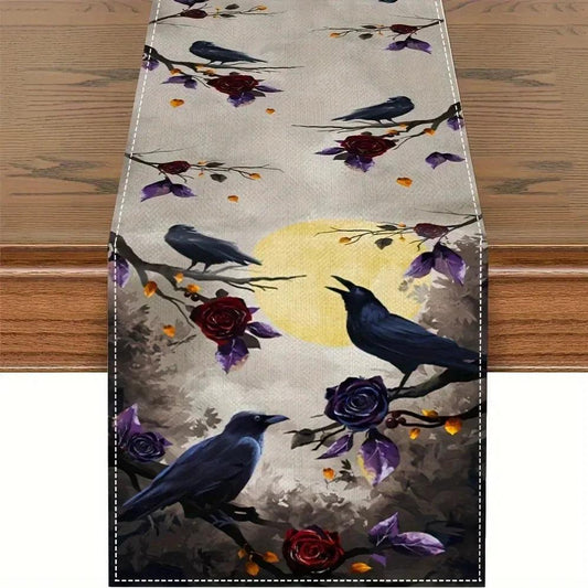 Dark Crow Gothic Table Runner for Halloween Table Decor - Witchy Raven Table Runner