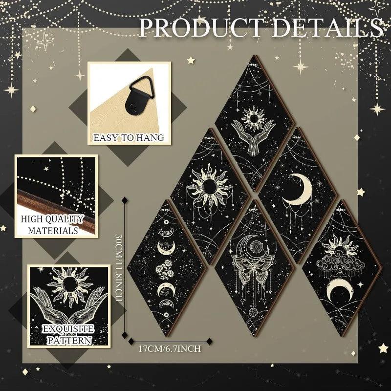 Celestial Moon Phases Wall Decor Set 6pcs - Boho Sun Moon Wooden Hanging Signs for Witchy Home Decor-MoonChildWorld