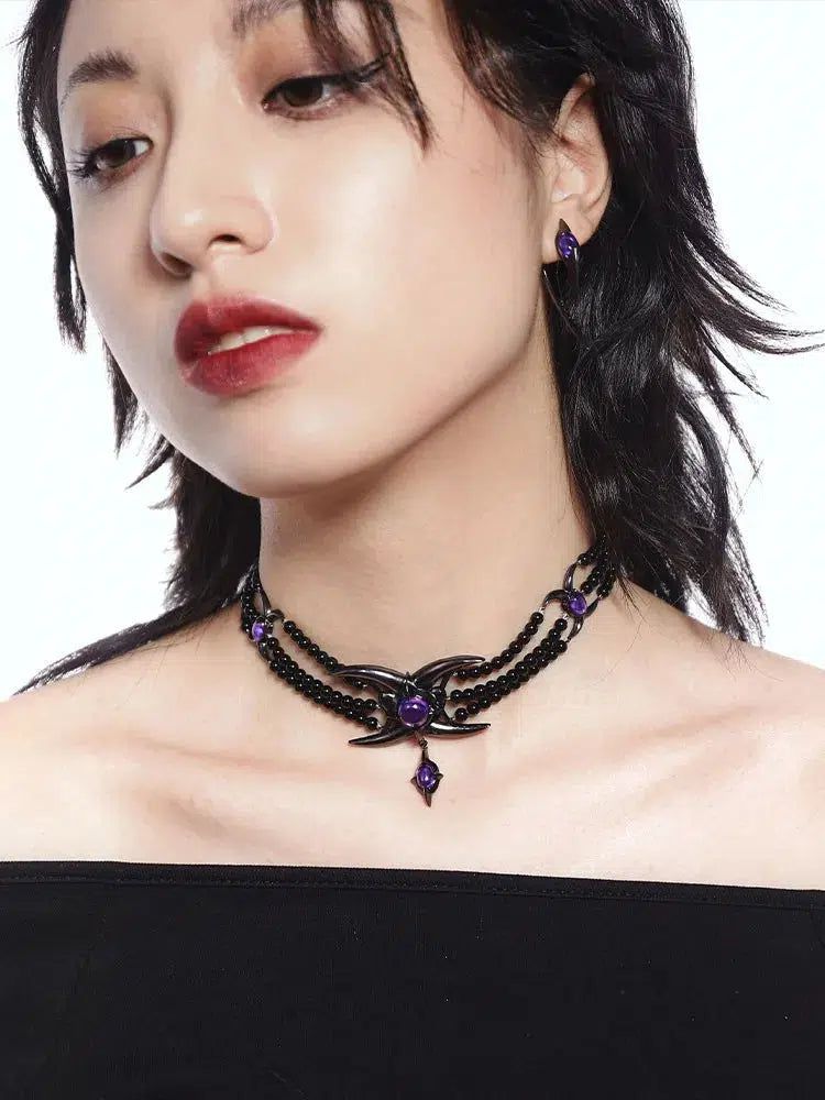 Black Purple Zirconia Witch Necklace Moon Choker Gothic Jewelry-MoonChildWorld