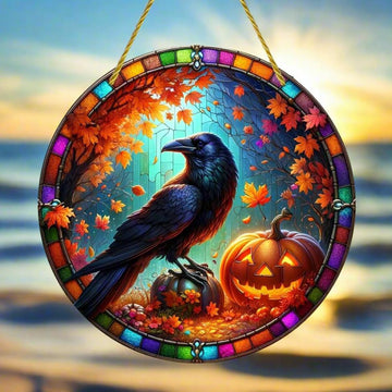 Pumpkin Black Crow Suncatcher Raven Halloween Acrylic Round Sign-MoonChildWorld