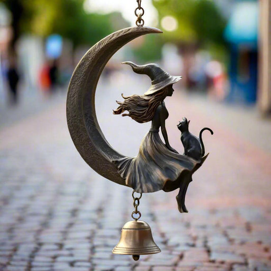 Moon Witch and Black Cat Metal Wind Chime - Witch Hanging Bell for Halloween Decor