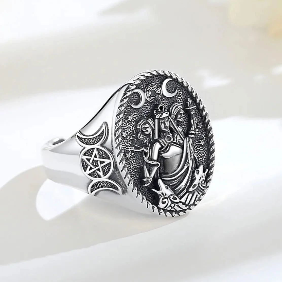 Sterling Silver Wicca Triple Moon Goddess Ring Hecate Amulet Ring Triple Goddess Jewelry-MoonChildWorld