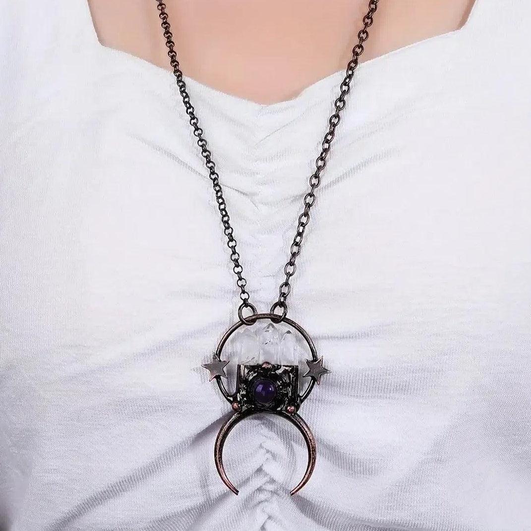 Vintage Star Moon Natural Crystal Stone Necklace Wiccan Jewelry-MoonChildWorld