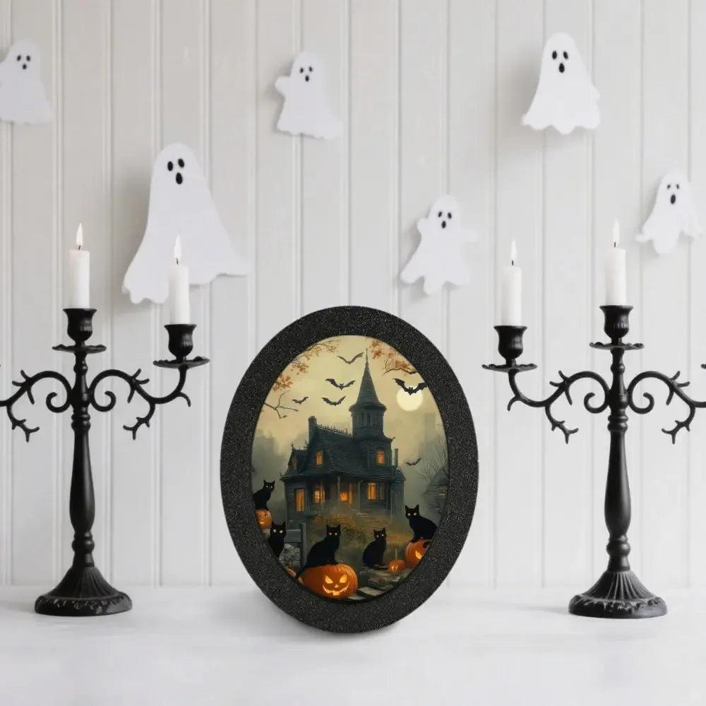 Black Cat, Pumpkin and Gothic Castle Wooden Oval Frame - Spooky Oval Wall Art for Halloween Wall Decoration-MoonChildWorld