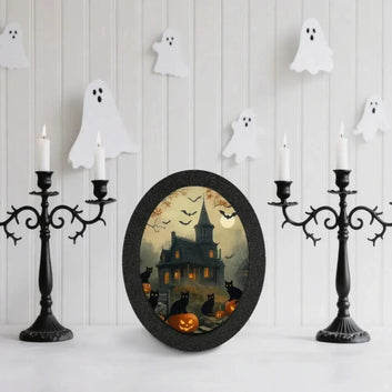 Black Cat, Pumpkin and Gothic Castle Wooden Oval Frame - Spooky Oval Wall Art for Halloween Wall Decoration